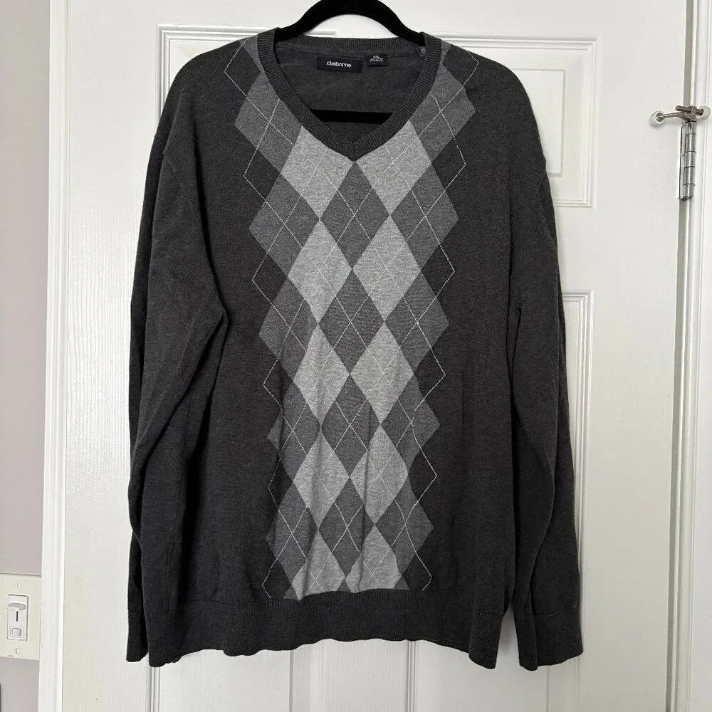Claiborne Men's Argyle Long Sleeve Sweater Charcoal Heather Cotton Preppy XXL